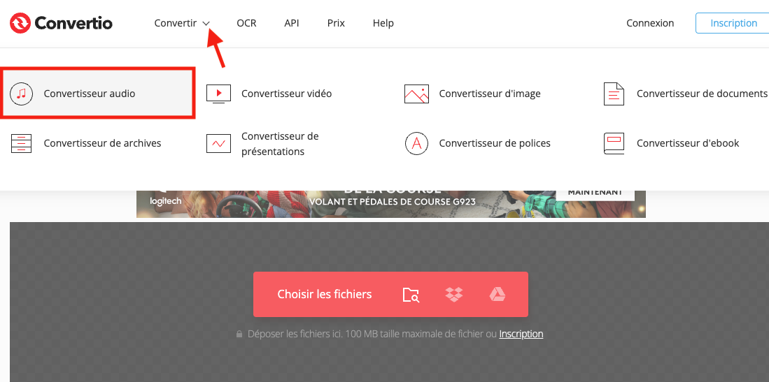 Capture d'écran de l'accueil de Convertio 