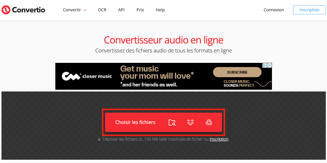 Capture d'écran de la section convertisseur audio en ligne de Convertio
