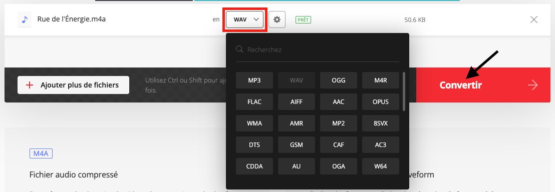 Capture d'écran pour choisir le format souhaité sur Convertio